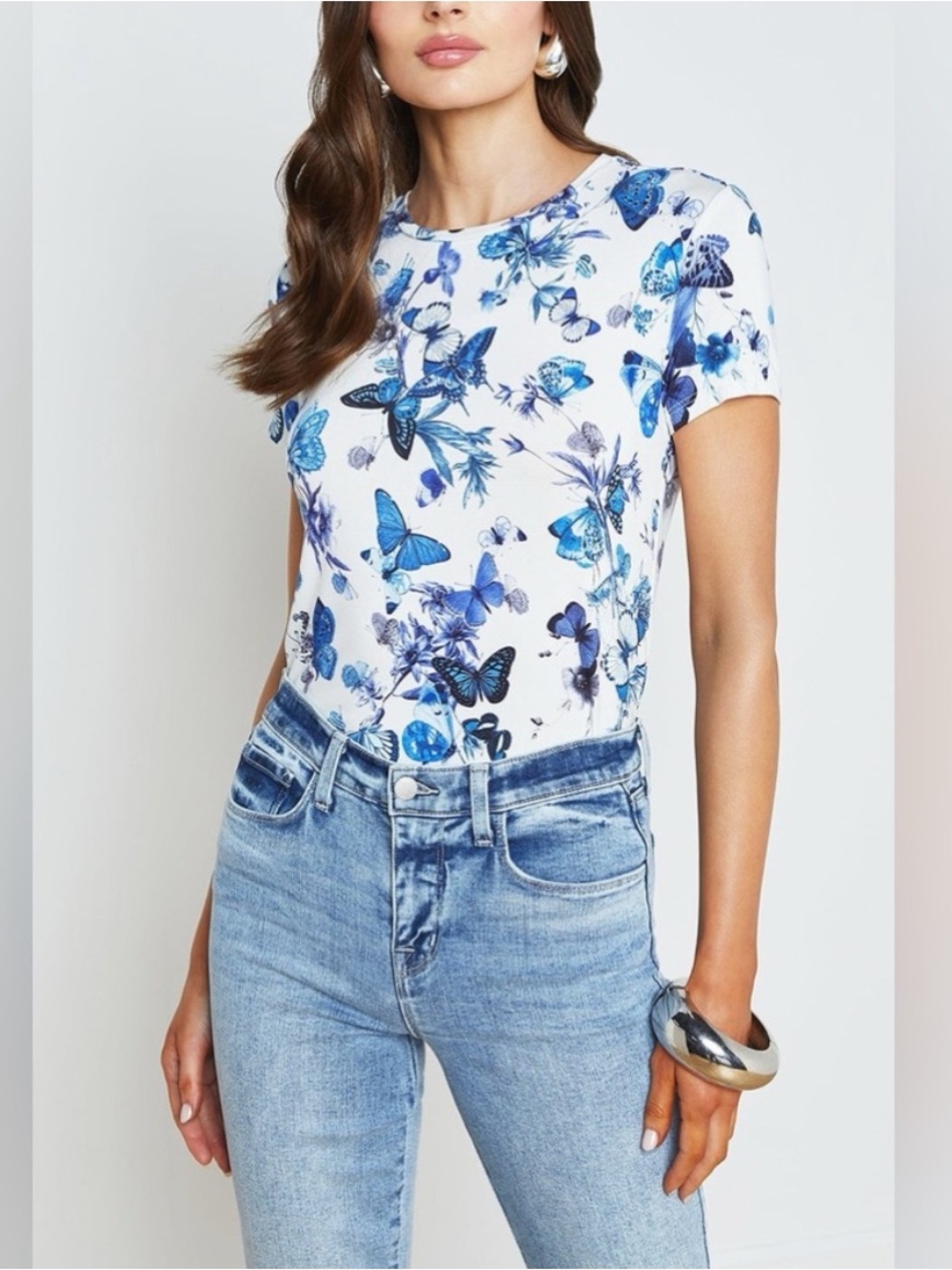 L'AGENCE Ressi Tee Womens Large White Blue Multi Butterfly Fitted Crewneck